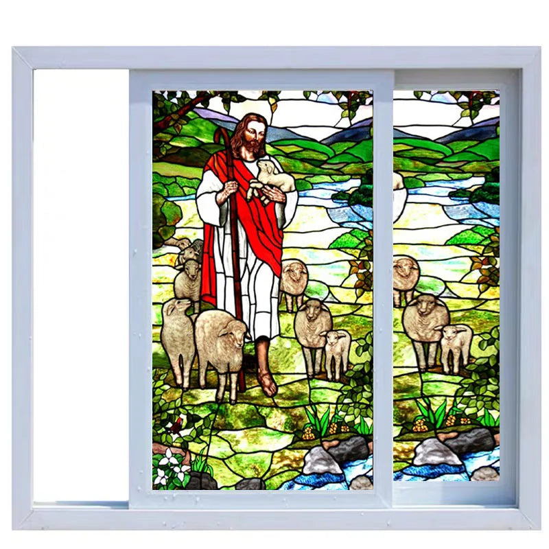 Decorative Self Adhesive/Static Cling Frosted Stained Continental Window Film Custom Size Jesus Christ 028