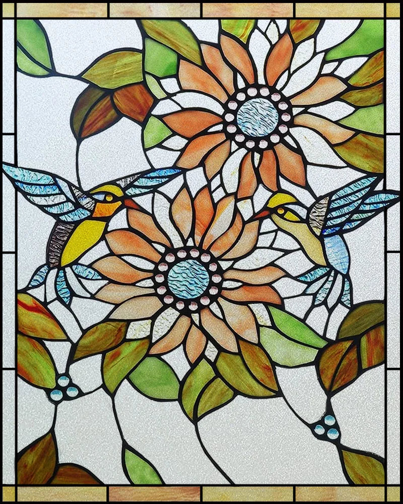 Customized Frosted Stained Glass Window Film, SunFlower, Hummingbird, Static Cling Sticker,Home Decor, Treatment