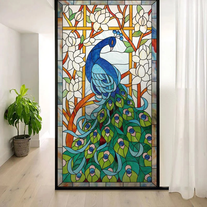 Custom Size Window Glass Films, Peacock Self Adhesive Static Cling, Home Decorative Frosted Privacy Stained, Retro Church Glass