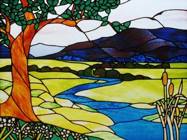 Landscape Painting Stained Glass Films, Transom Windows Film, Opaque Sticker, Self Adhesive, Static Cling, Custom Size