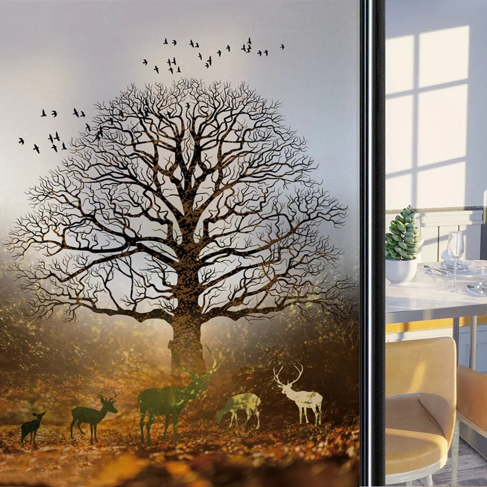 Custom Size Stained Glass Window Film,Frosted Privacy, Static Cling, Door Sticker,Bathroom, Home Decor, Tree, Mountain