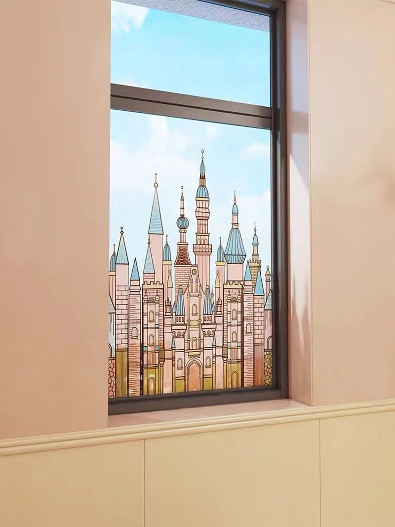 Custom Size Static Cling Window Film,Reusable Waterproof Privacy Protection Stained Glass Decal ,DIY Castle Design for Home