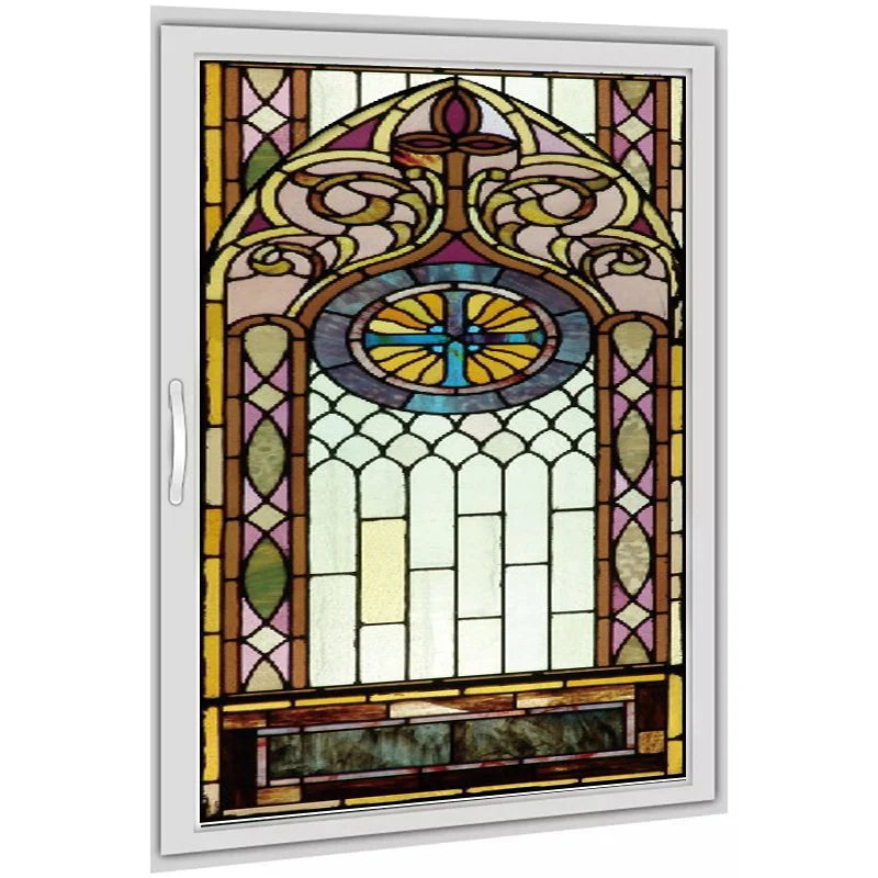 Gothic Rose Glass Window Film, Frosted Stained, Fake Window with Cross, Church Style Sticker, Can Do Custom Size