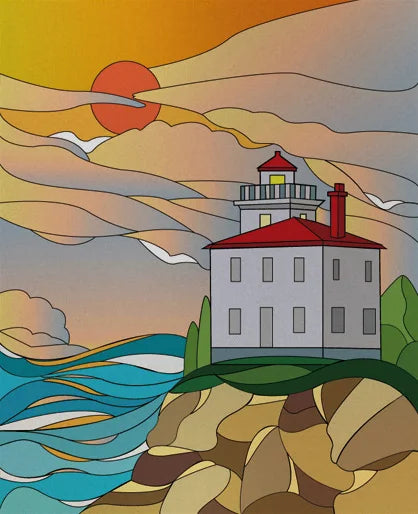 Custom size Stained Glass Films,Privacy Static Cling,Print Sea Red Lighthouse,Rising Sun, Night,Door Sticker,Office Home Decor