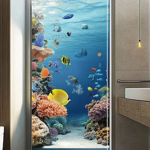 Custom Size Ocean-Themed Bathroom Door Privacy Film Underwater Coral Reef Design for Decorative and Moisture-Proof Protection