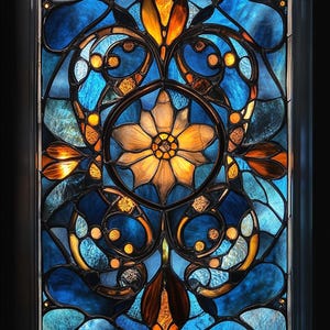 Custom Size Stunning Blue and Amber Floral Stained Glass Window Film Non-Adhesive Static Cling Decorative Privacy Film for Glass Doors