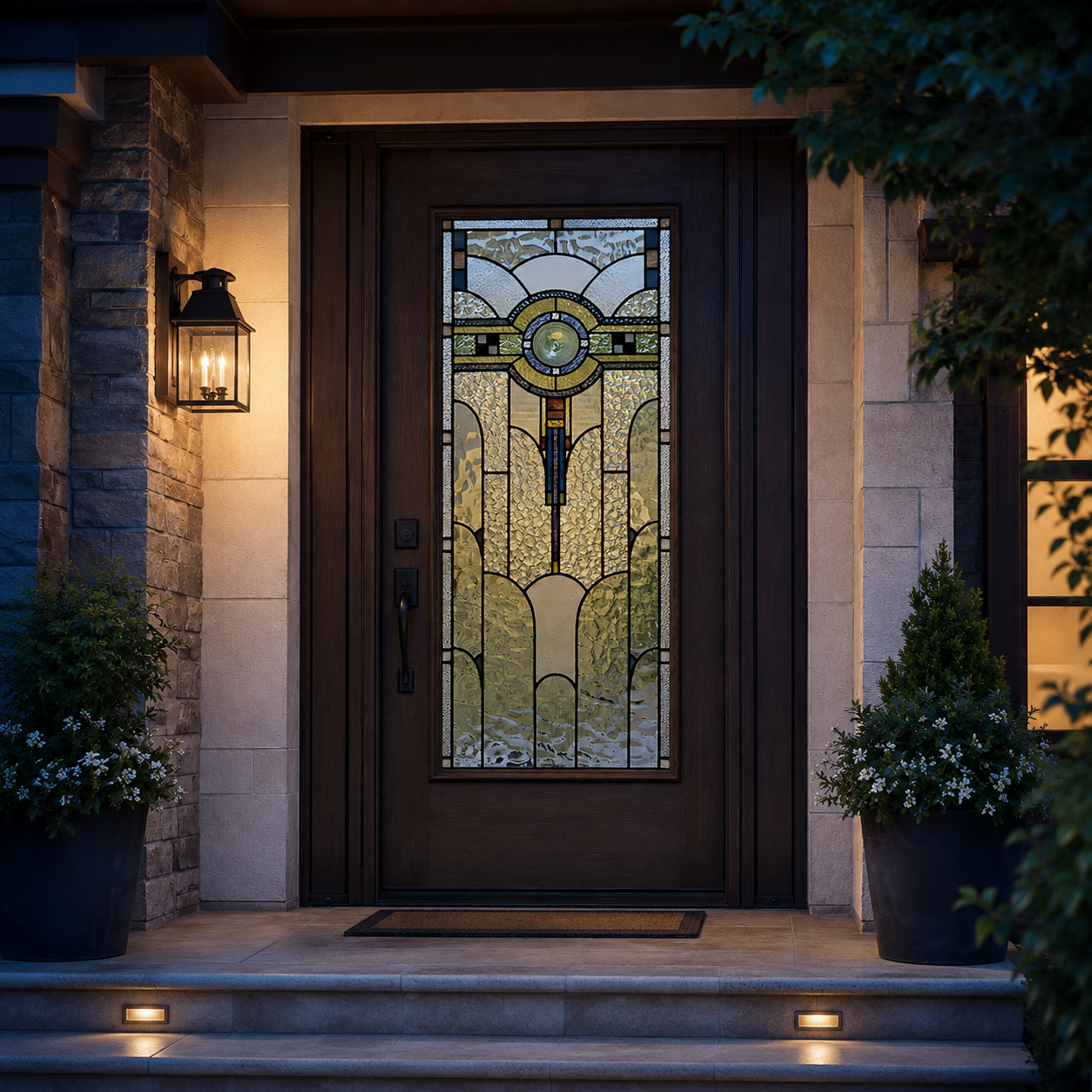 Art Deco decorative front door window film in evening light