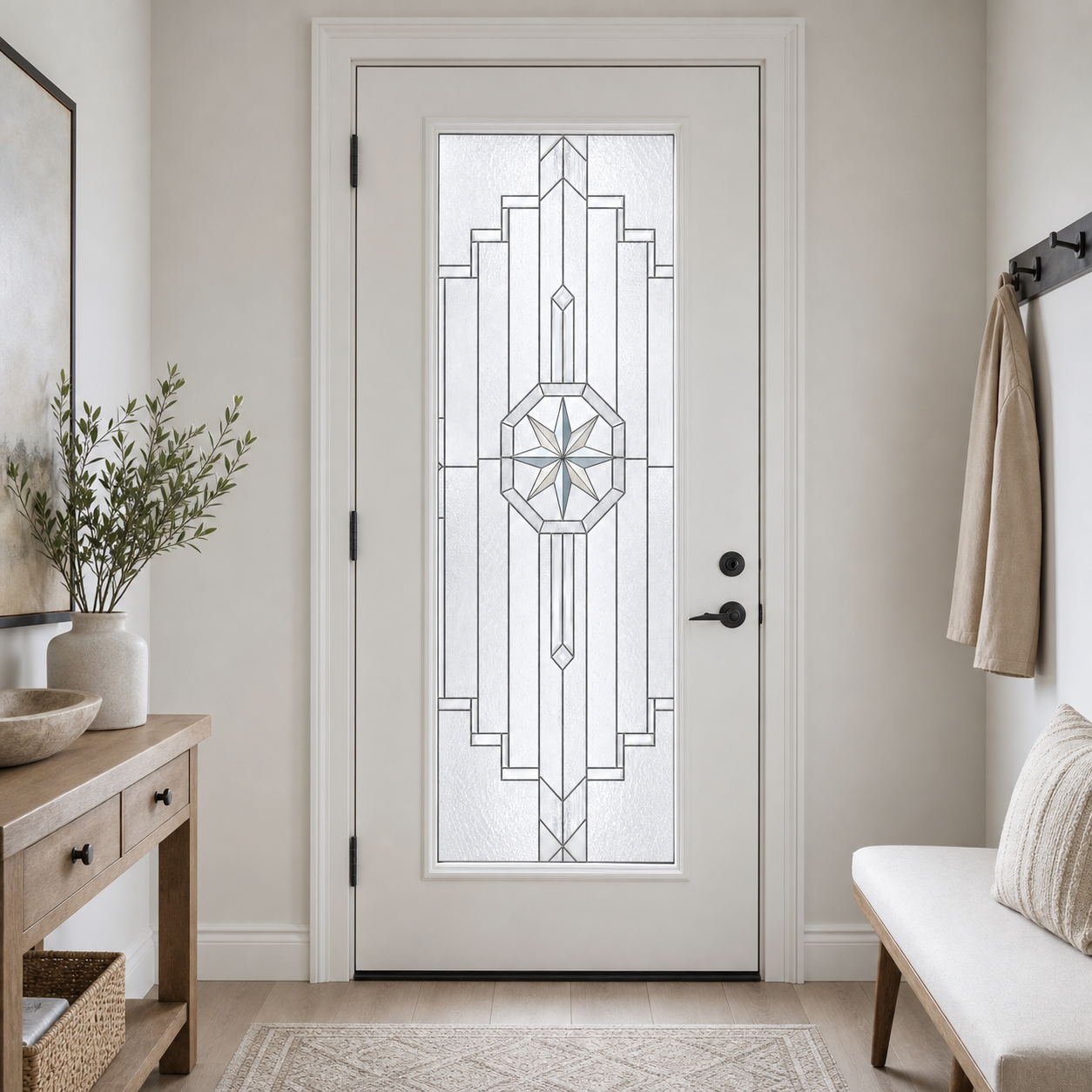 Pearl compass medallion front door window film, interior foyer view