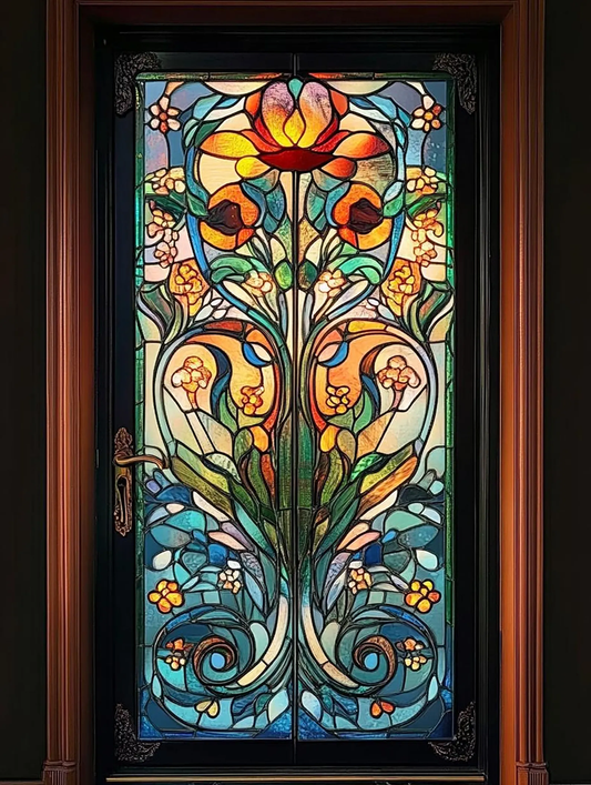 42 3/8“Wx71 1/2”H Custom Size Vibrant Floral Stained Glass Window Film Elegant Blooming Flowers in Multi-Colored Design for Privacy and Beautiful Home Decor
