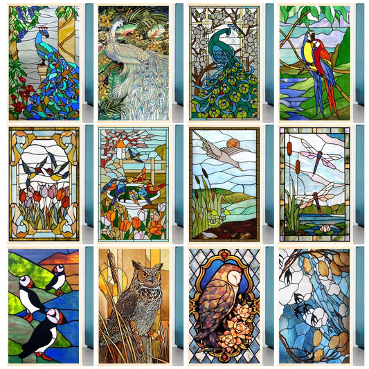 Custom Size Stained Glass Window Film Animal Fish Bird Cat Tiger Color printing Picture For Rectangular Shape Glass Home Decor