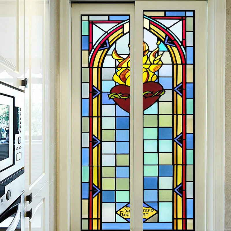 Window Film Frosted Stained Glass Films Door Sticker,Customized Crosses Static Cling Church Pattern for Office Home Decor