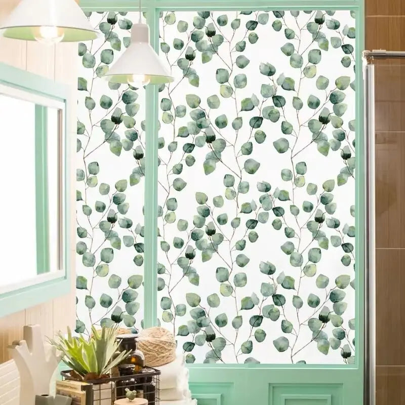 Stained Film Glass Films Privacy Window Film Static Non-adhesive Green Leaves For Bathroom Sliding door Home decor 58cmX100cm