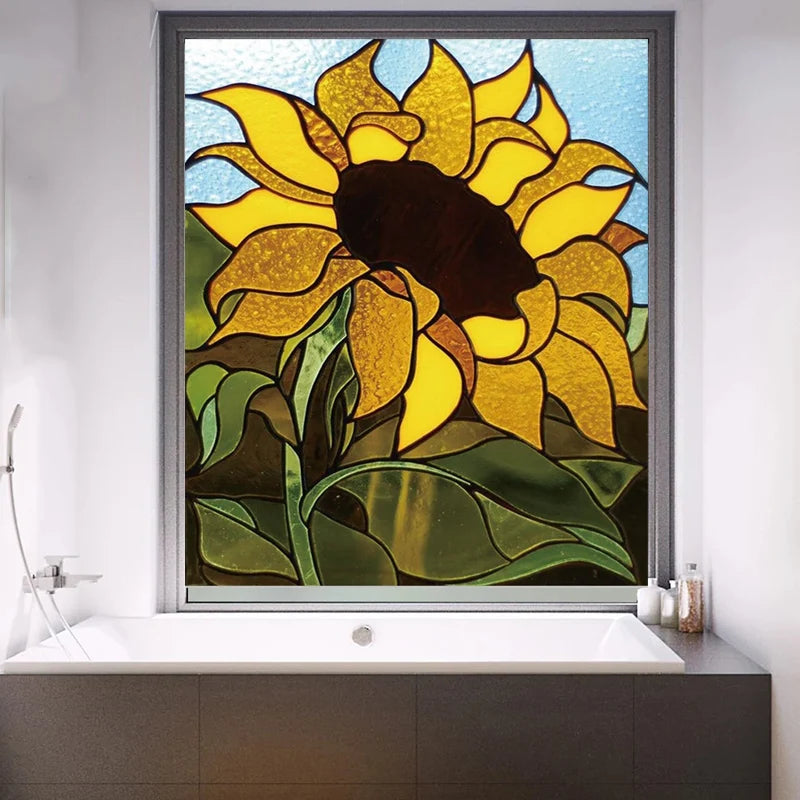 Custom Size Stained Glass Window Film, Frosted Sunflower Glass Films, Home Foil, Door Stickers, Bathroom Static Cling Poster