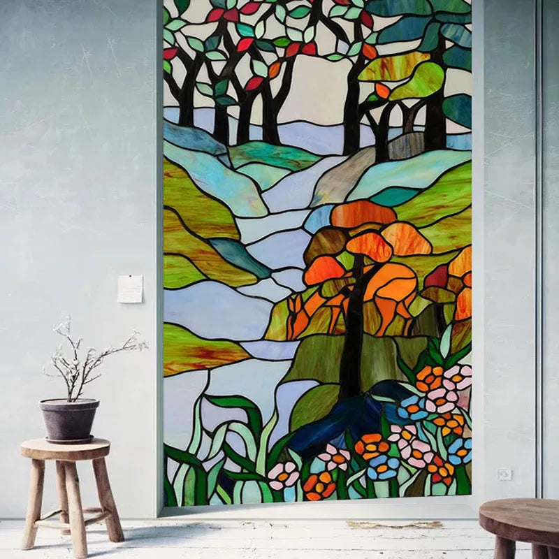Static Cling Window Film Frosted Light-transparent Opaque Privacy Stained Glass Sticker Home Decor 3D Print Tree Retro Poster