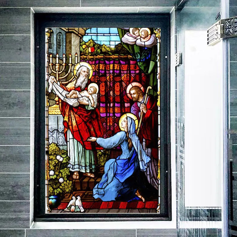Custom size Stained Glass Window Film Jesus Virgin Mary,Home decor Frosted foil door stickers ,Church poster