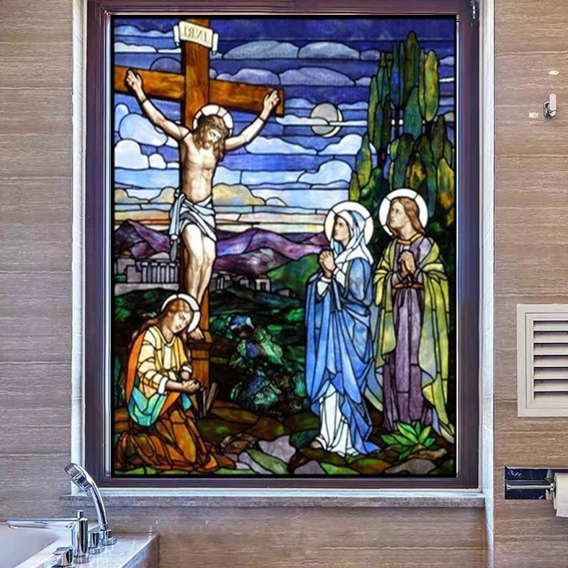 Customized Decorative Window Glass Film Self Adhesive/Static Cling Frosted Stained Continental Stickes Jesus Christ Cross