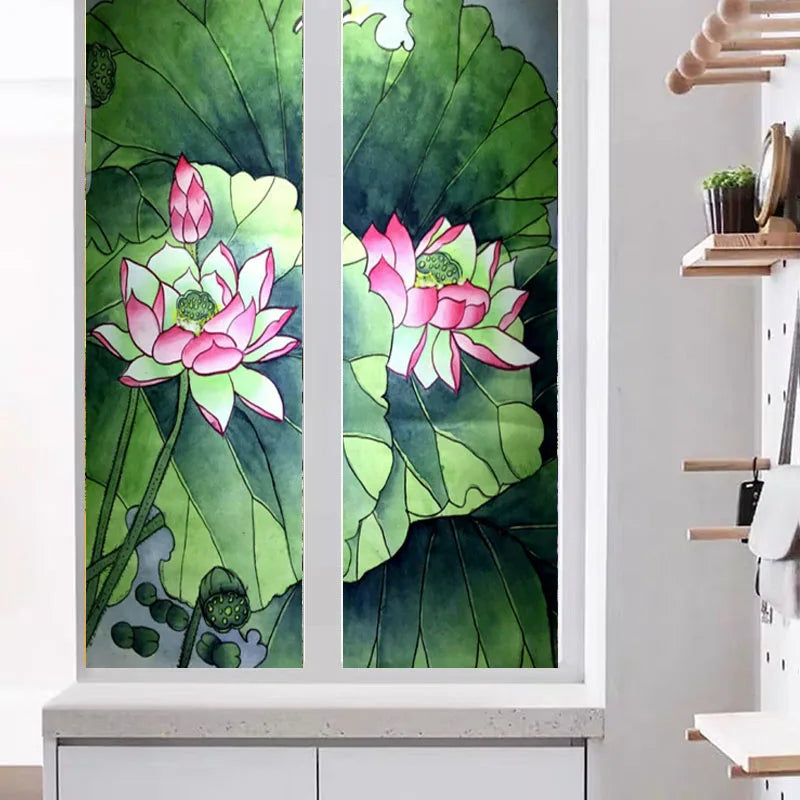 Stained Static Cling Window Film Frosted Light-transparent Opaque Privacy Glass Sticker Home Decor 3D Print Lotus Retro Poster