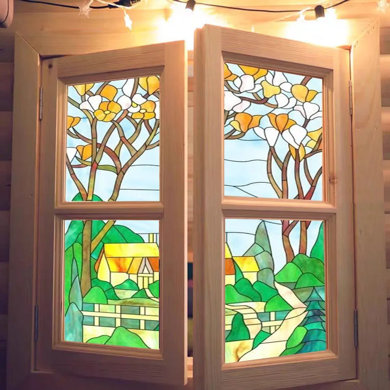 Custom Size Window Stained Glass Films,Static Cling Reusable Stickers Church Tree Poster, For Bathroom Kitchen Door Home Decor