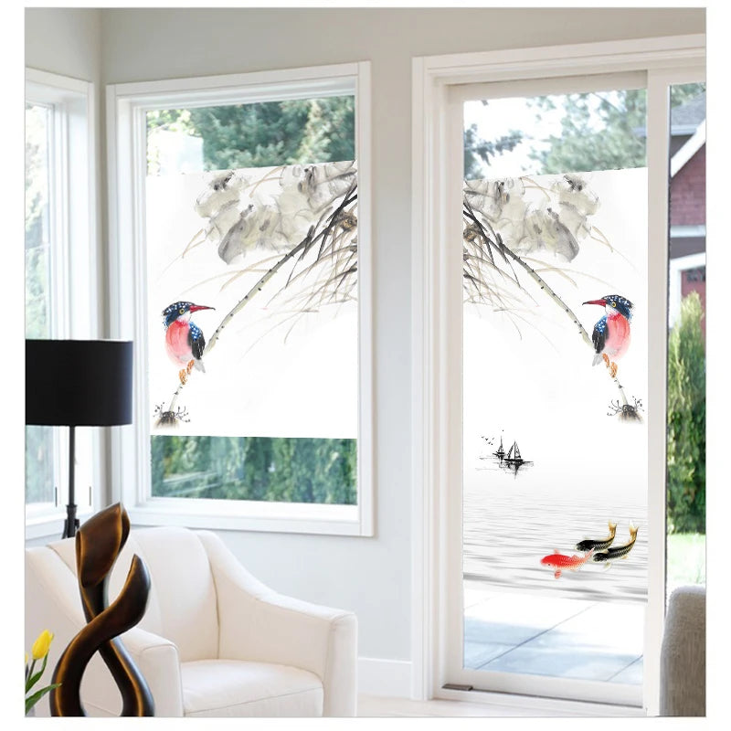 Custom size Window Film Stained Glass Films for Door Wardrobe Windows Office Home Decor Opaque Frosted Static Cling Floral Birds