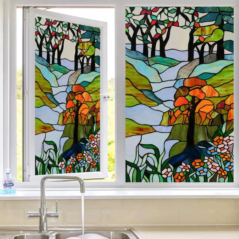 Static Cling Window Film Frosted Light-transparent Opaque Privacy Stained Glass Sticker Home Decor 3D Print Tree Retro Poster