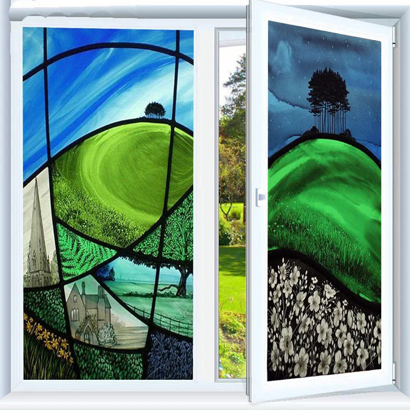 Custom Size Stained Glass Window Film Decorative Frosted Privacy Sticker Non Adhesive Static Cling Removable Retro Village Life