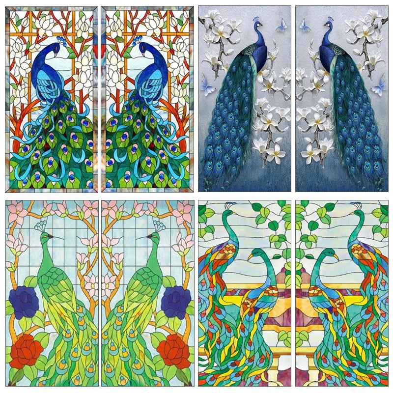 Customized Size No Glue Static Cling Frosted Stained Glass Film Window Films Sticker for Bathroom Door Home Decor Church Peacock