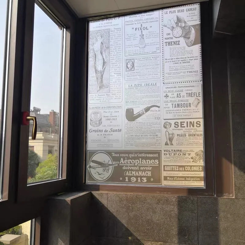 Custom Glass Window Film Static Frosted Glass Films Sticker Door Stickers ,Waterproof For Bathroom Easy To Install Retro Newspar