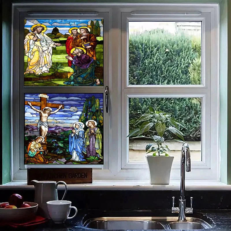 Customized Decorative Window Glass Film Self Adhesive/Static Cling Frosted Stained Continental Stickes Jesus Christ Cross