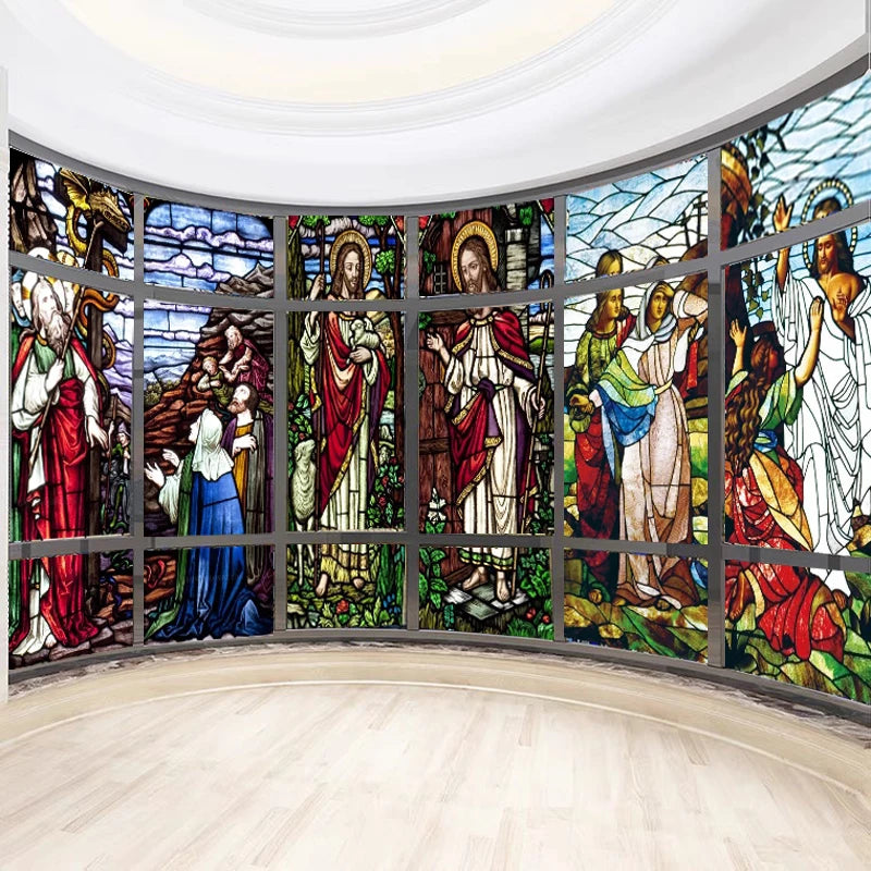 Custom Size Window Glass Films Self-Adhesive Frosted Stained Glass European Church Jesus Christ Virgin Last Supper Sticker Foil