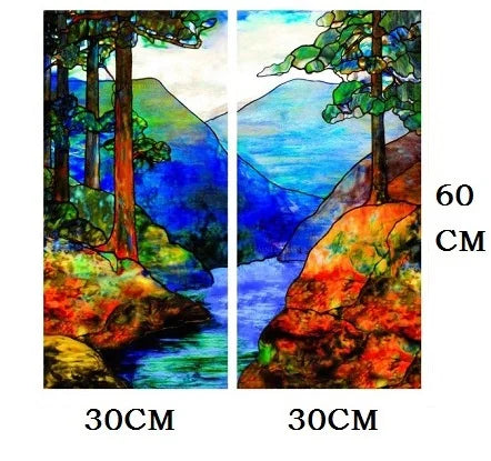 Landscape Painting Glass Films, Stained Window Film, Opaque Sticker, Self Adhesive, Static Cling for Square Window, Custom Size