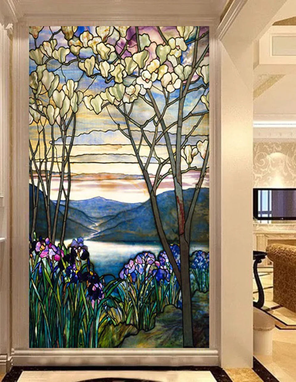 European Church Magnolias Lrises Glass Film Stained Window Opaque Sticker Static Cling Decor Privacy Custom Made Any Size