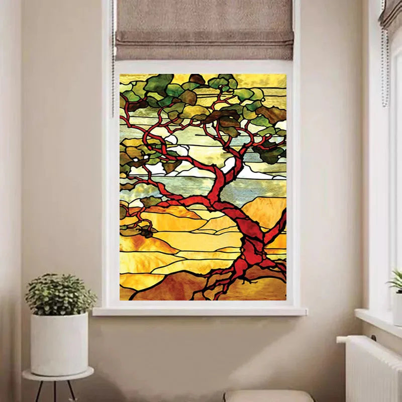 European Church Mosaic Art Glass Film Stained Window Opaque Sticker Self Adhesive/Static Cling Decor Privacy Do Custom Size Tree