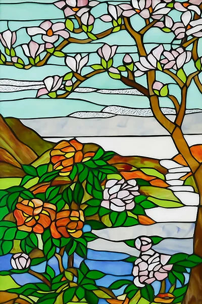 Custom Size Stained Glass Films,Frosted Privacy, Static Cling Poster, Retro Tree Scenic Color Printing Window Film Door Stickers