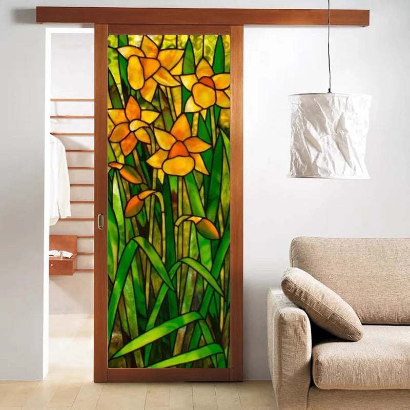 European Church Mosaic Art Glass Film Stained Window Opaque Sticker Self Adhesive/Static Cing Decor Privacy Custom Size Daffodil
