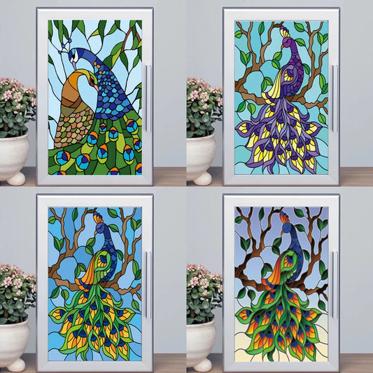 Peacock Frosted Window Film Anti Looking Privacy 3D Static Stained Glass Films HD Print Sticker Mirror Non-adhesive Color Decor