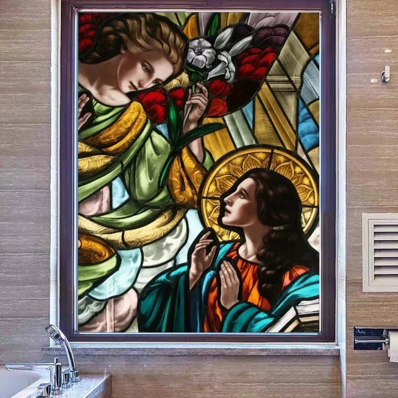 Custom size Stained Glass Retro Wndow Film Frosted Glass Sticker Frosted Church Virgin Mary Picture Poster Home Decor