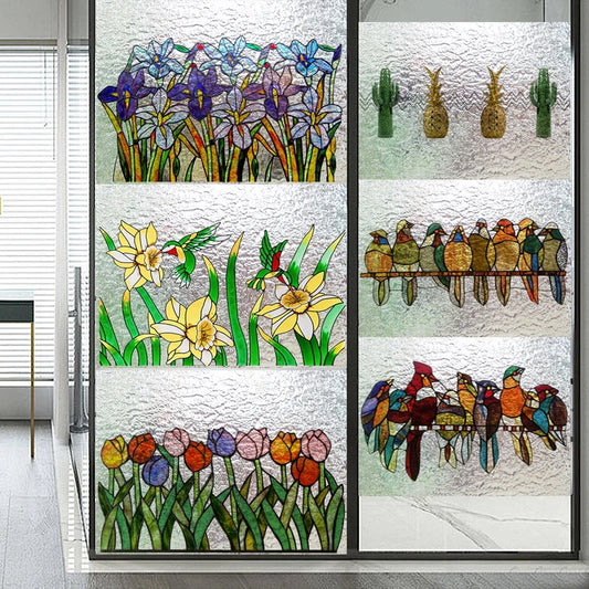 Customized size Windows Glass Films Stained Glass Door Stickers Frosted/3D Etched Flower Birds for Kitchen Office Bathroom