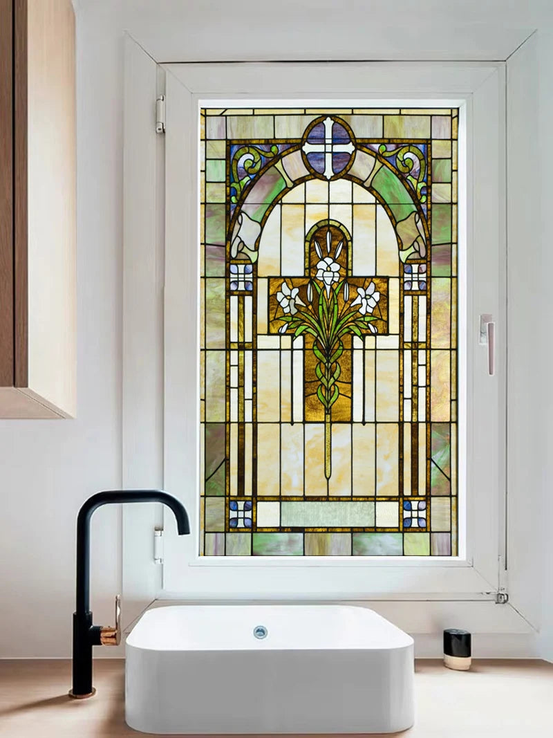 Customized Stained Glass Film Window Films,Static Cling Frosted Church Crosses,Bathroom Kitchen Cupboard Door Sticker Home Decor