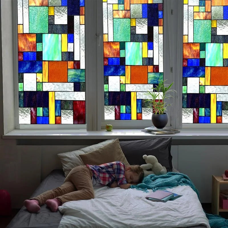 Custom Size No Glue Static Cling Frosted Retro Stained Glass Film Window Film Sticker for Bathroom Door Home Decor Church Mosaic