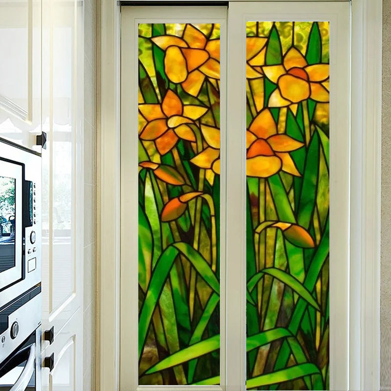 European Church Mosaic Art Glass Film Stained Window Opaque Sticker Self Adhesive/Static Cing Decor Privacy Custom Size Daffodil