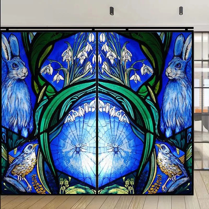 Custom Stained Glass Window Film Static Cling Frosted Sticker, Home Foil Blue Stickers ,For Bathroom Kitchen Home Decor Rabbit