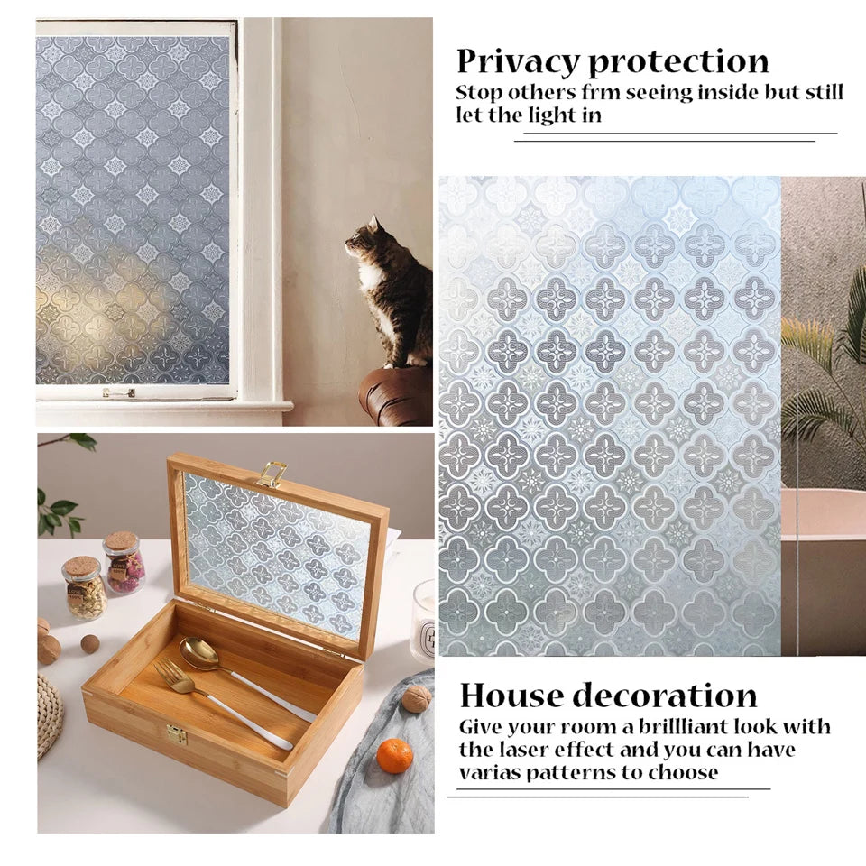 3D Static Cling Glass Films, Retro Decorative Sticker, Privacy etched Glass Window Vinyl, No-Glue, Laser Film for Bathroom Door