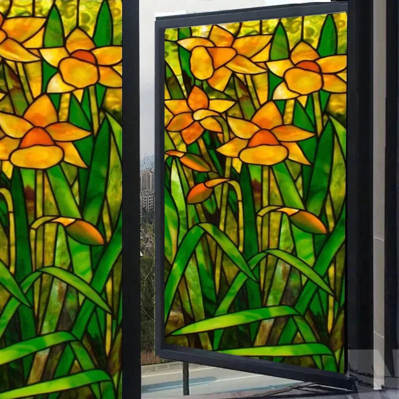 European Church Mosaic Art Glass Film Stained Window Opaque Sticker Self Adhesive/Static Cing Decor Privacy Custom Size Daffodil