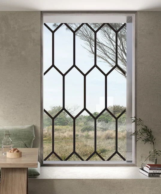 Stained Glass Window Film Transparent Glass Sticker Static Cling Iron Style Black Line Office Door Anticollision Home Decor