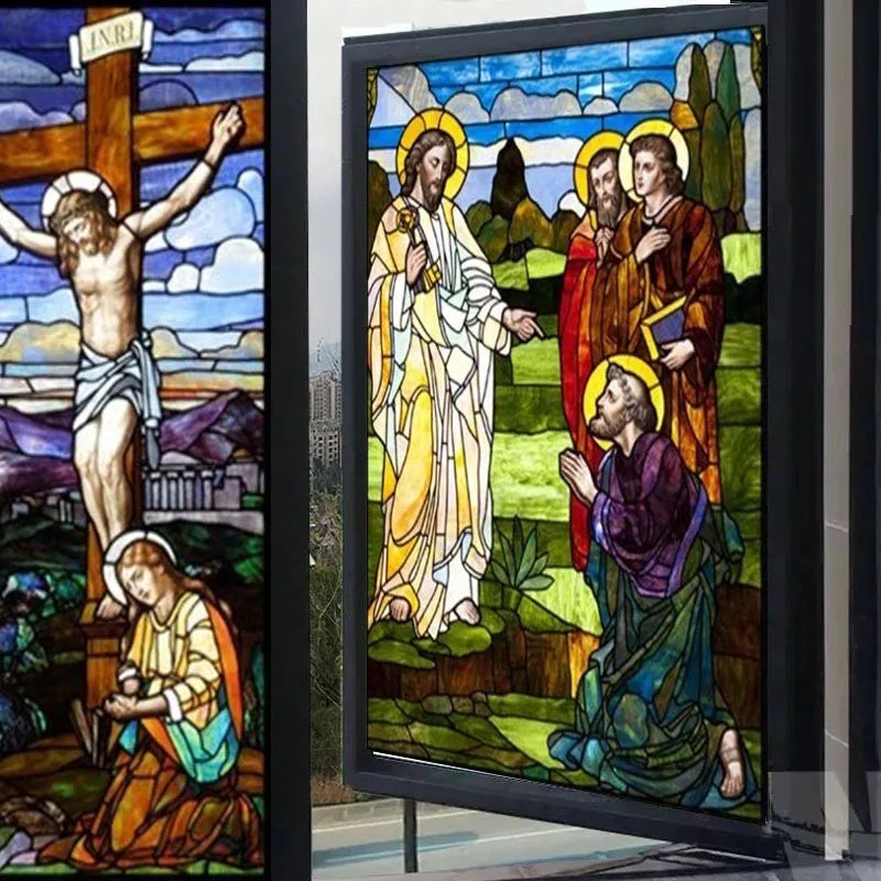 Customized Decorative Window Glass Film Self Adhesive/Static Cling Frosted Stained Continental Stickes Jesus Christ Cross