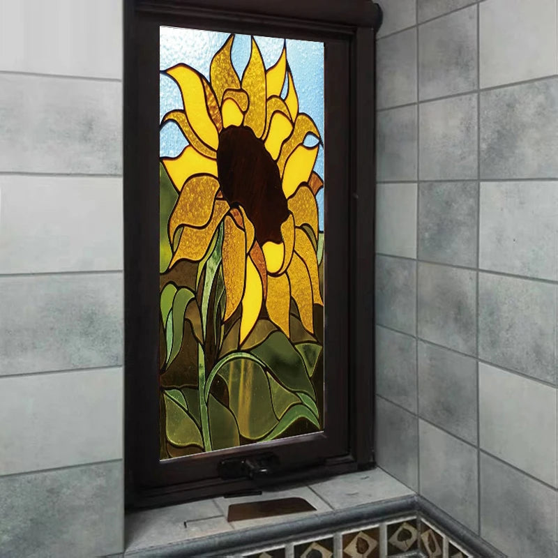 Custom Size Stained Glass Window Film, Frosted Sunflower Glass Films, Home Foil, Door Stickers, Bathroom Static Cling Poster