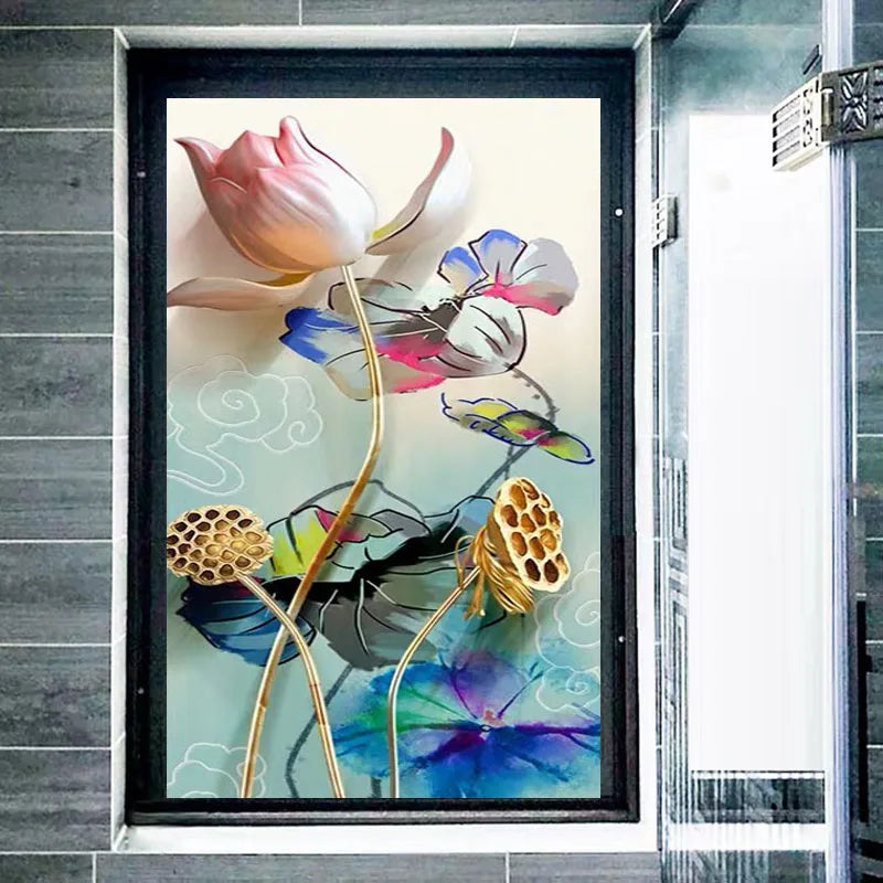Customized size 3D Windows Glass Film Door Stickers modern sticker Art opaque static cling Lotus