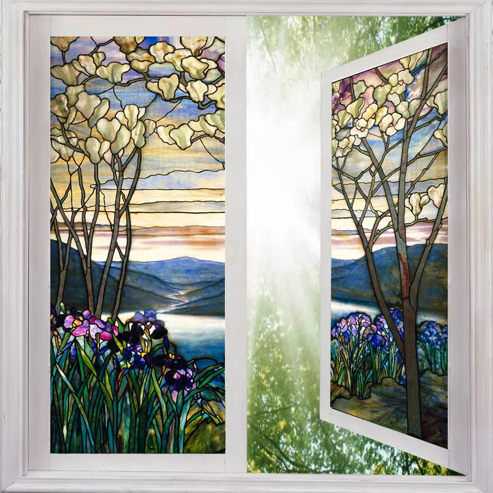 European Church Magnolias Lrises Glass Film Stained Window Opaque Sticker Static Cling Decor Privacy Custom Made Any Size