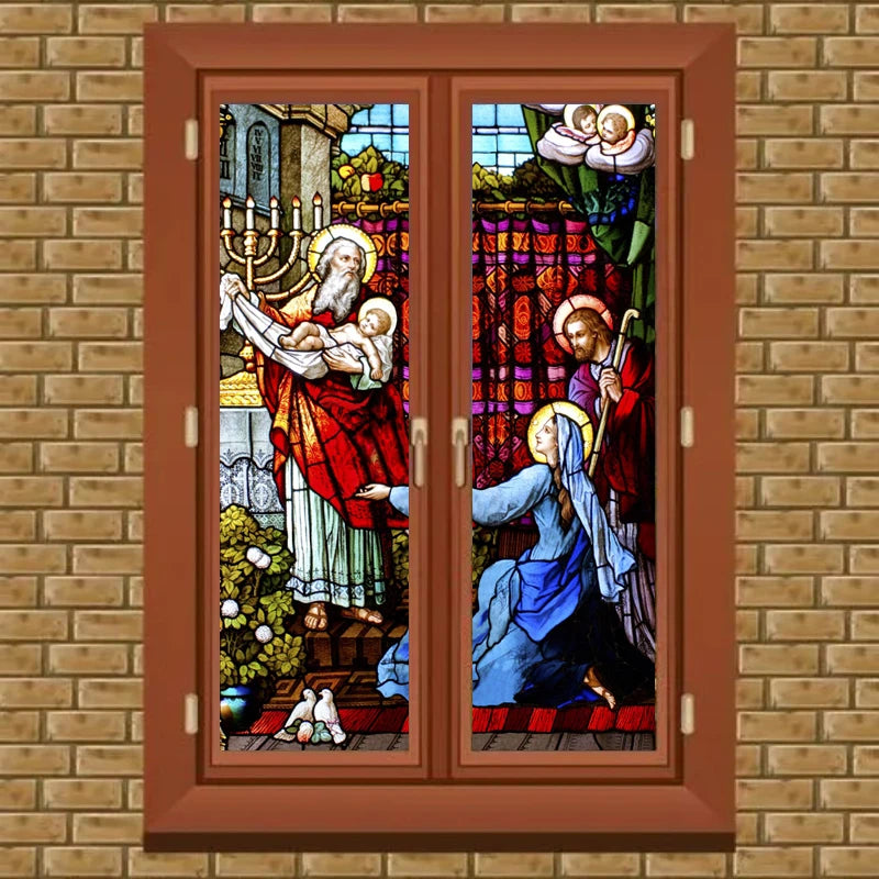Window Film Frosted Stained Glass Films,Customized Jesus Virgin Mary Church Picture,Home Decor Static Cling Door Stickers