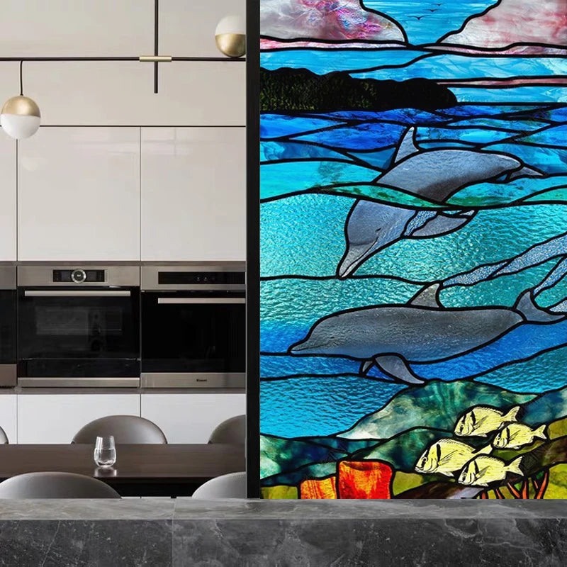 Custom Stained Glass Window Film Electrostatic Frosted Sticker, Home Foil Blue Stickers ,Waterproof for Bathroom Home Dolphin